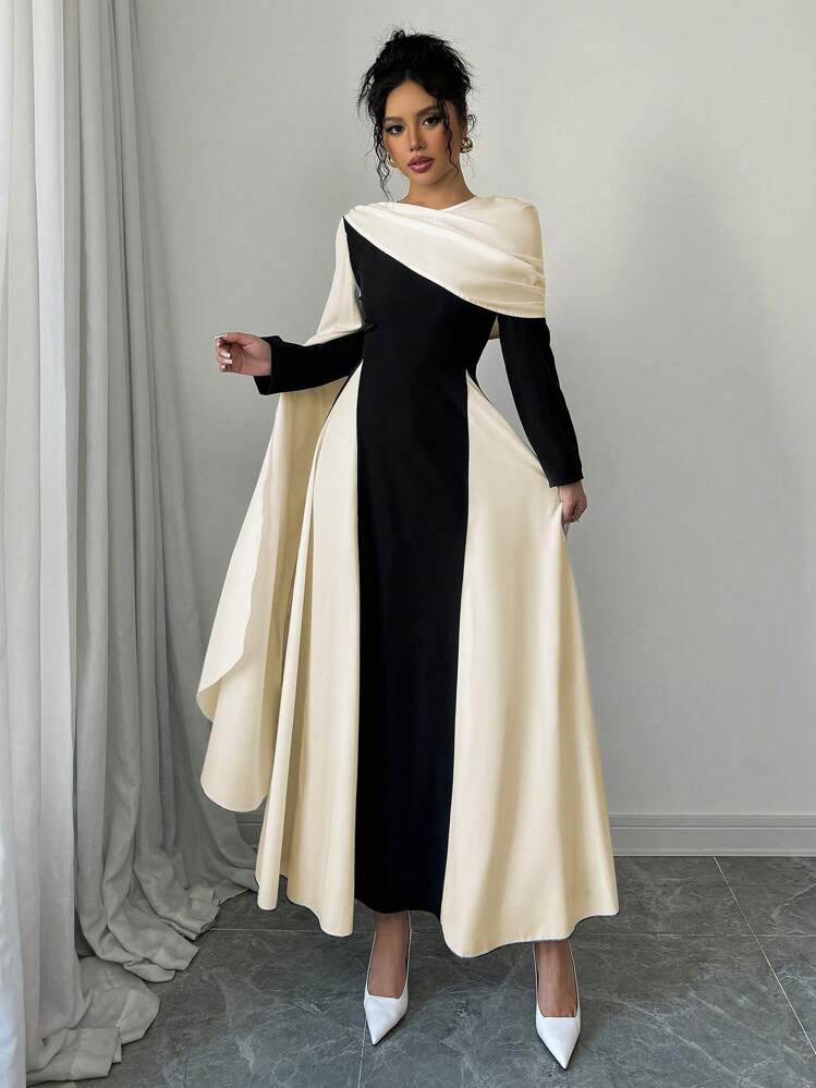 Pleated Color Cape Dress