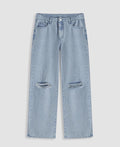 Denim Low Ripped Straight Leg Jeans