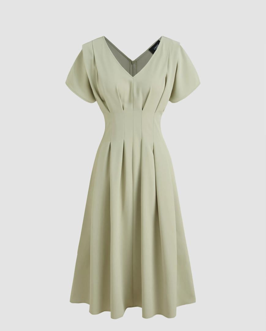 V-neck Solid Pleated Midi Dress