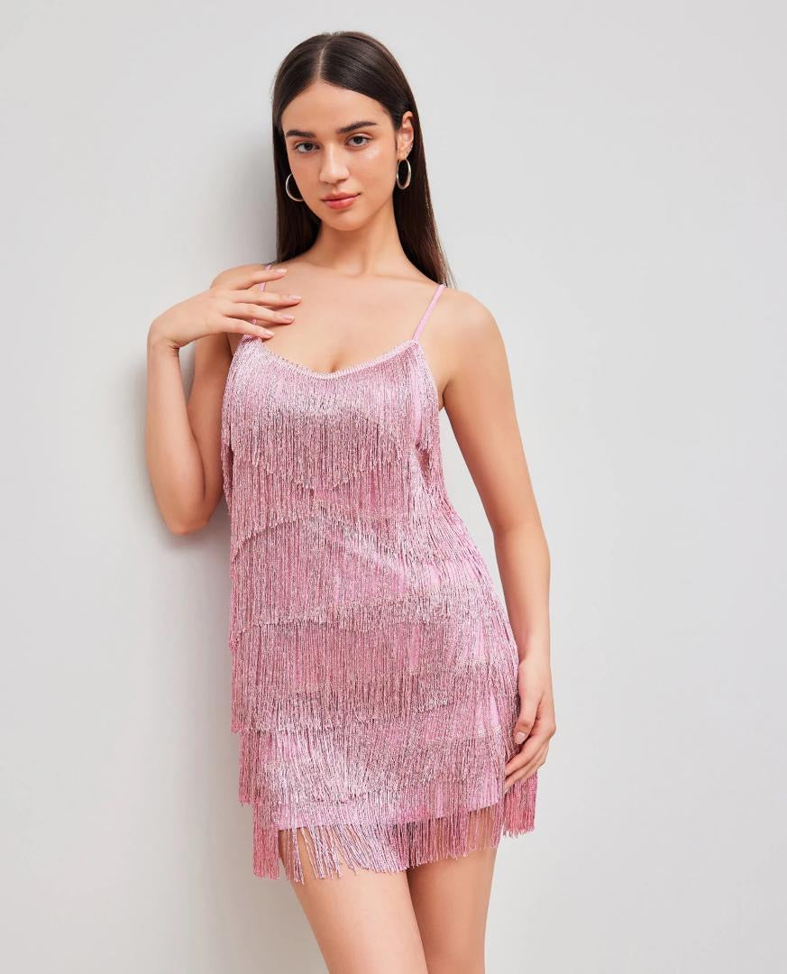 Spaghetti Strap V-Neck Fringe Dress