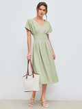 V-neck Solid Pleated Midi Dress