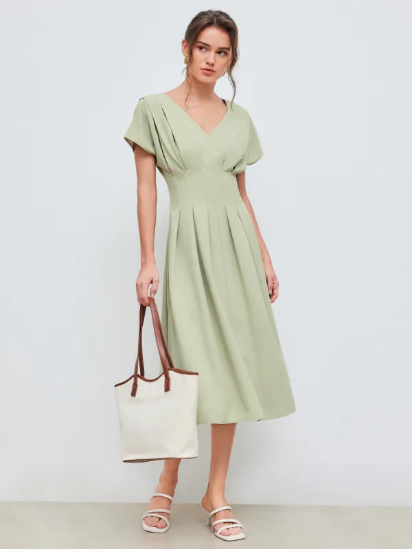 V-neck Solid Pleated Midi Dress