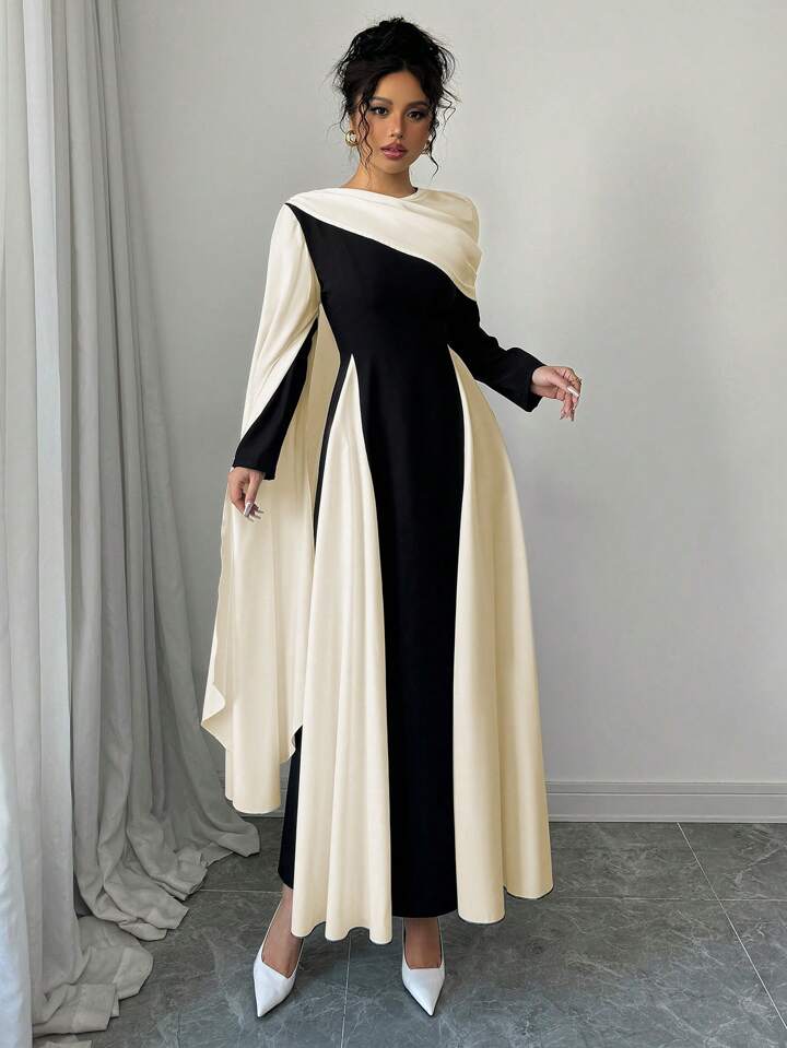 Pleated Color Cape Dress